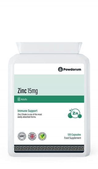 Powdorum Zinc 15mg capsules with high-potency zinc citrate for immune support, skin health, and daily vitality