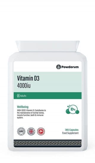 Powdorum Vitamin D3 4000IU 365 tablets for high-strength bone health, immune support, and muscle function