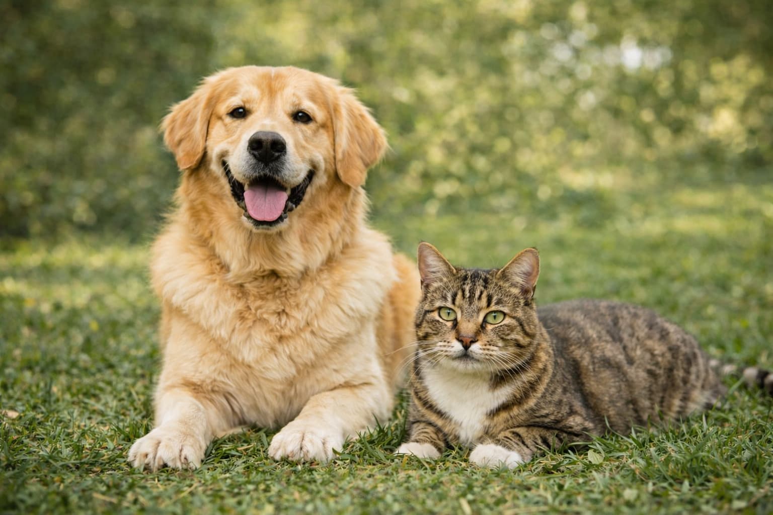 Happy dog resting on grass outdoors