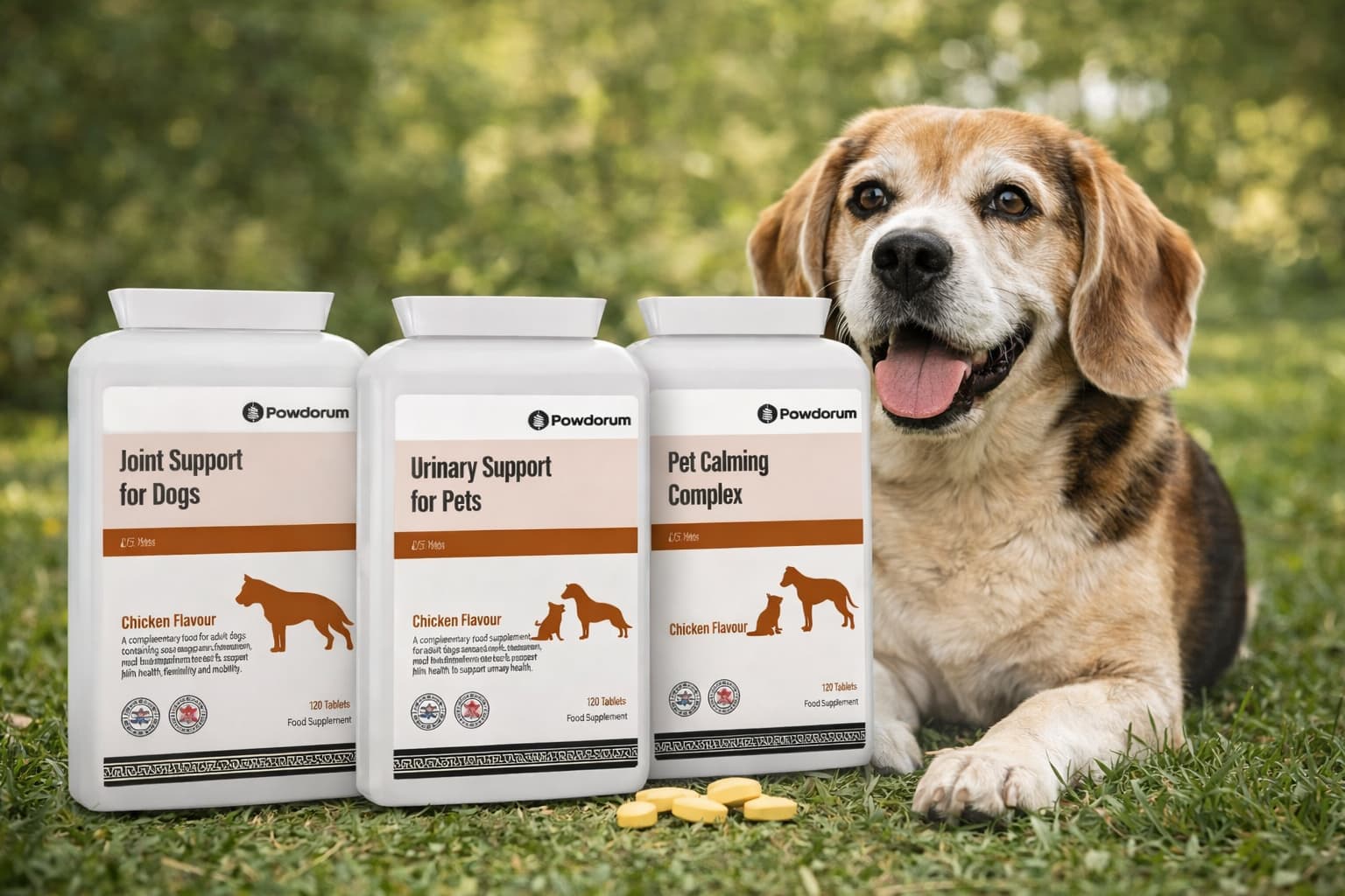 Happy dog outdoors beside Powdorum pet supplements